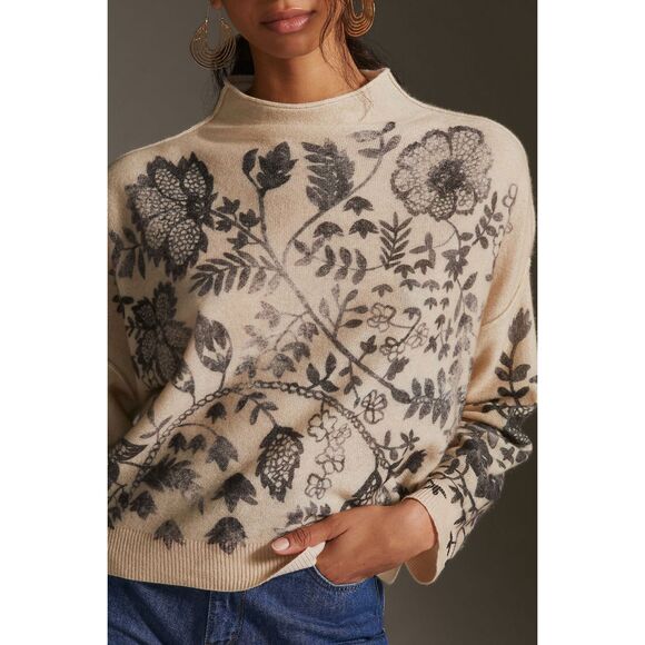 Anthropologie The Alani Cashmere Mock-neck Sweater Beige Floral Pilcro Small - Picture 10 of 16